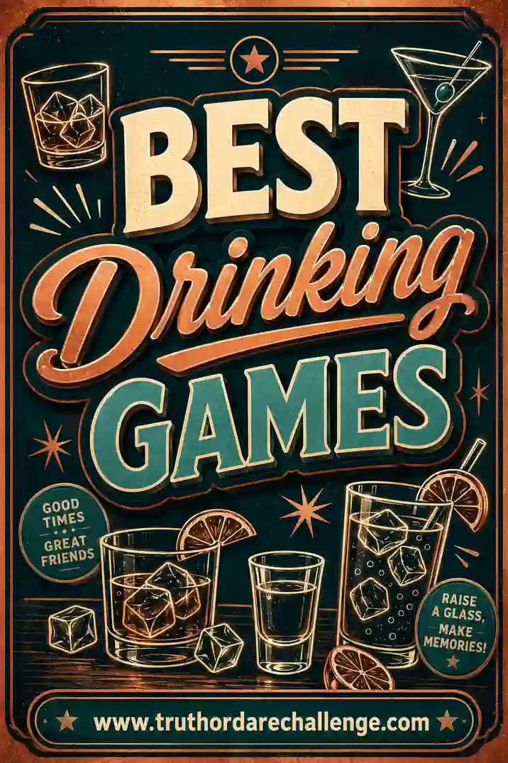 Group of adult friends laughing around a table playing a party game with drinks