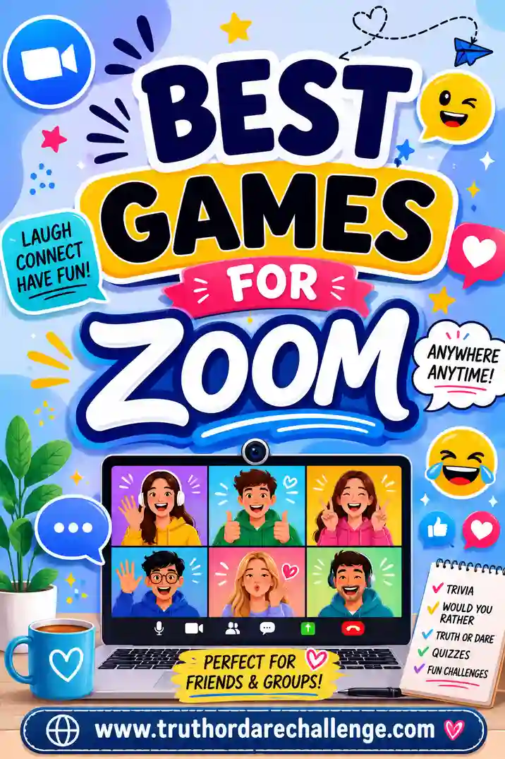 A grid of friends on a video call laughing while playing an online game together