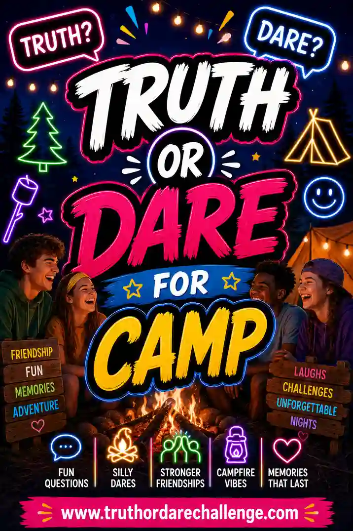 Campers laughing around a campfire at night while playing truth or dare