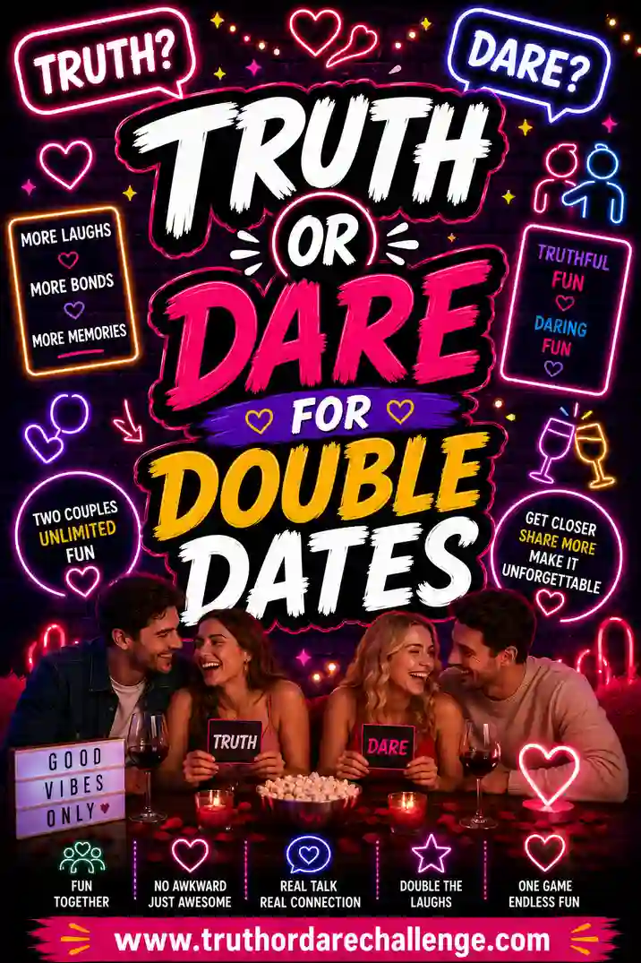 Two couples laughing together around a table playing truth or dare on a double date