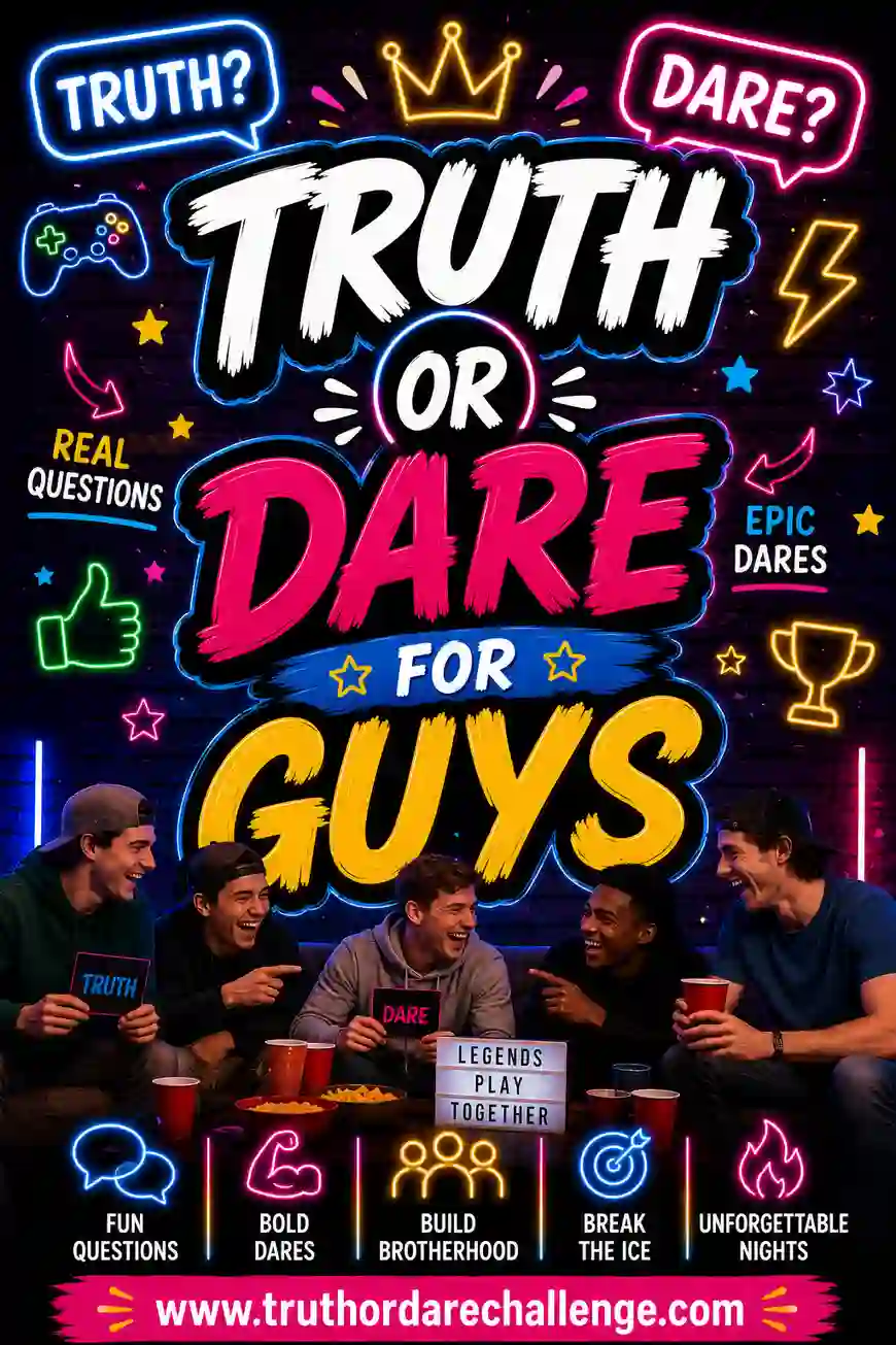 Group of guys laughing during a truth or dare game on a couch with snacks