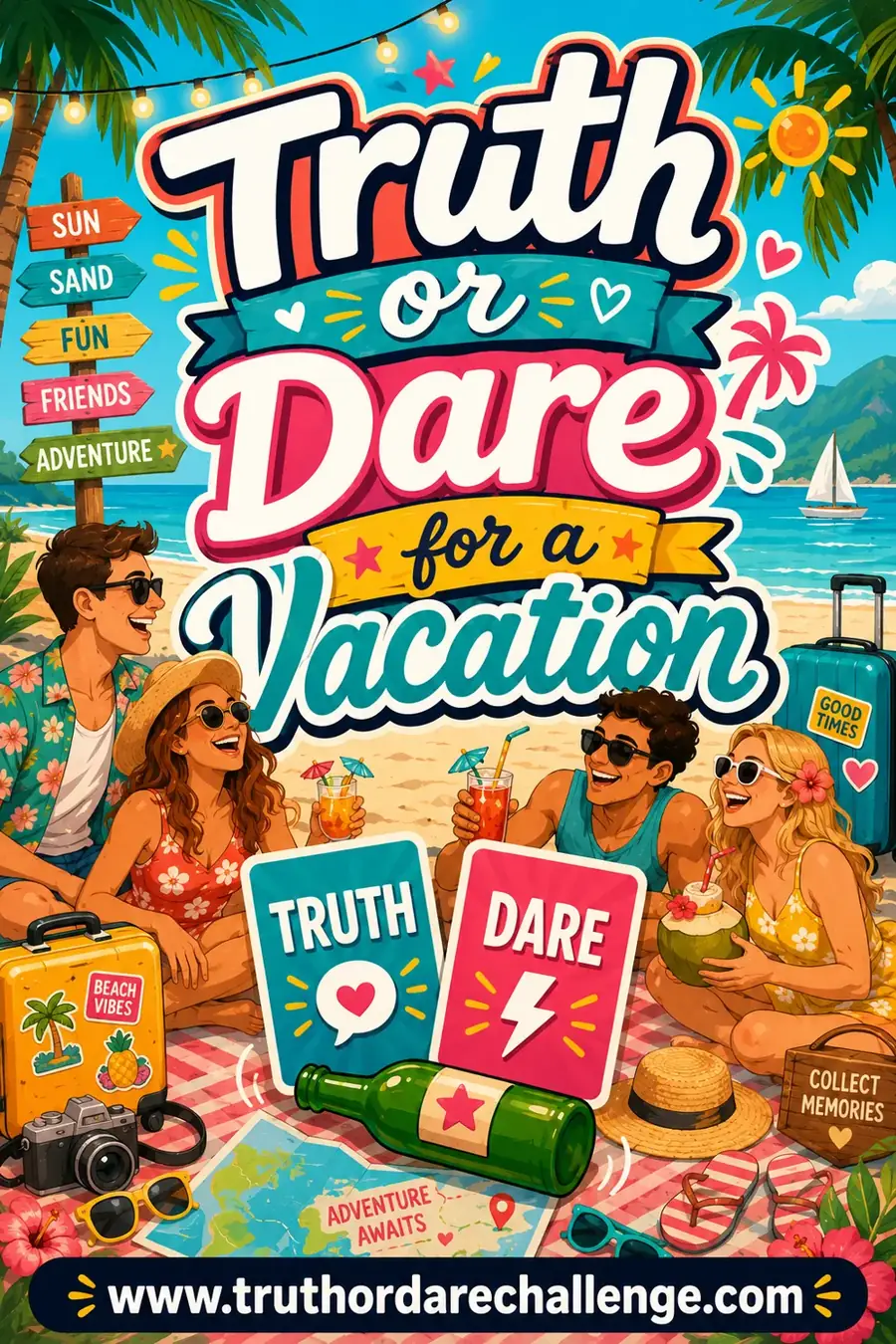 Friends on a tropical beach with Truth and Dare cards, drinks, suitcase and palm trees